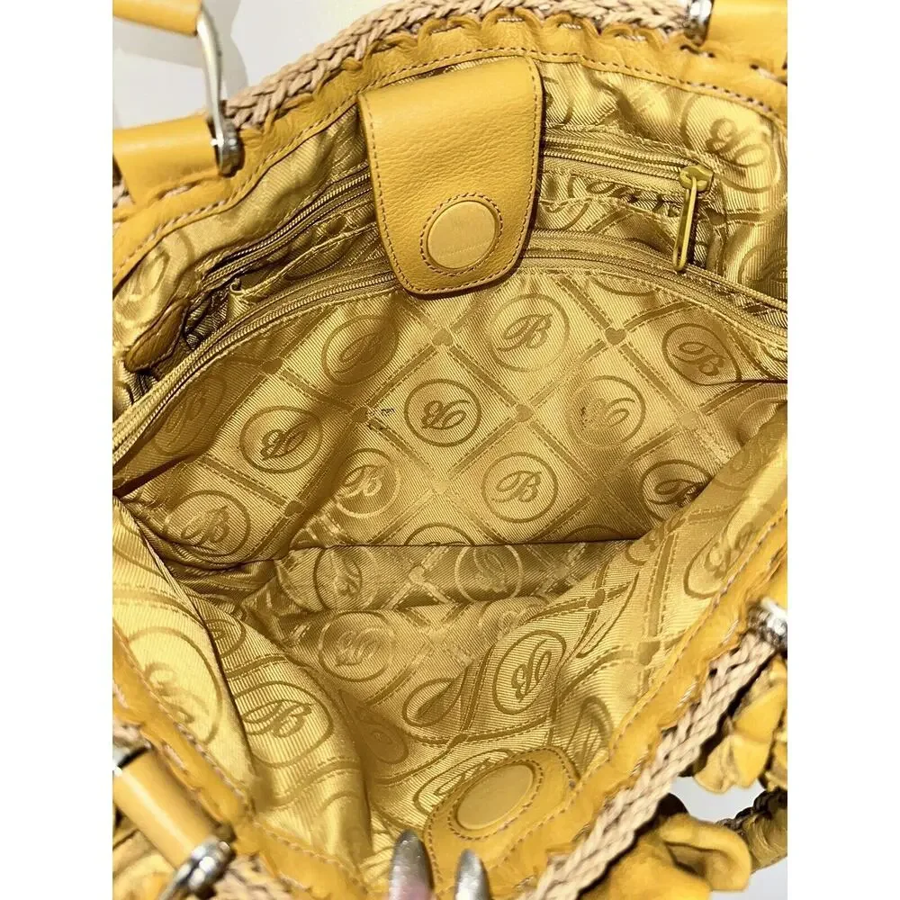 Brighton Straw Yellow Leather‎ Flower Handbag Top Handle Bag Boho Shabby Chic